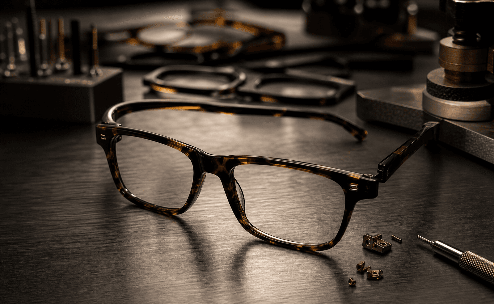Acetate optical frame and hinge components on an inspection table