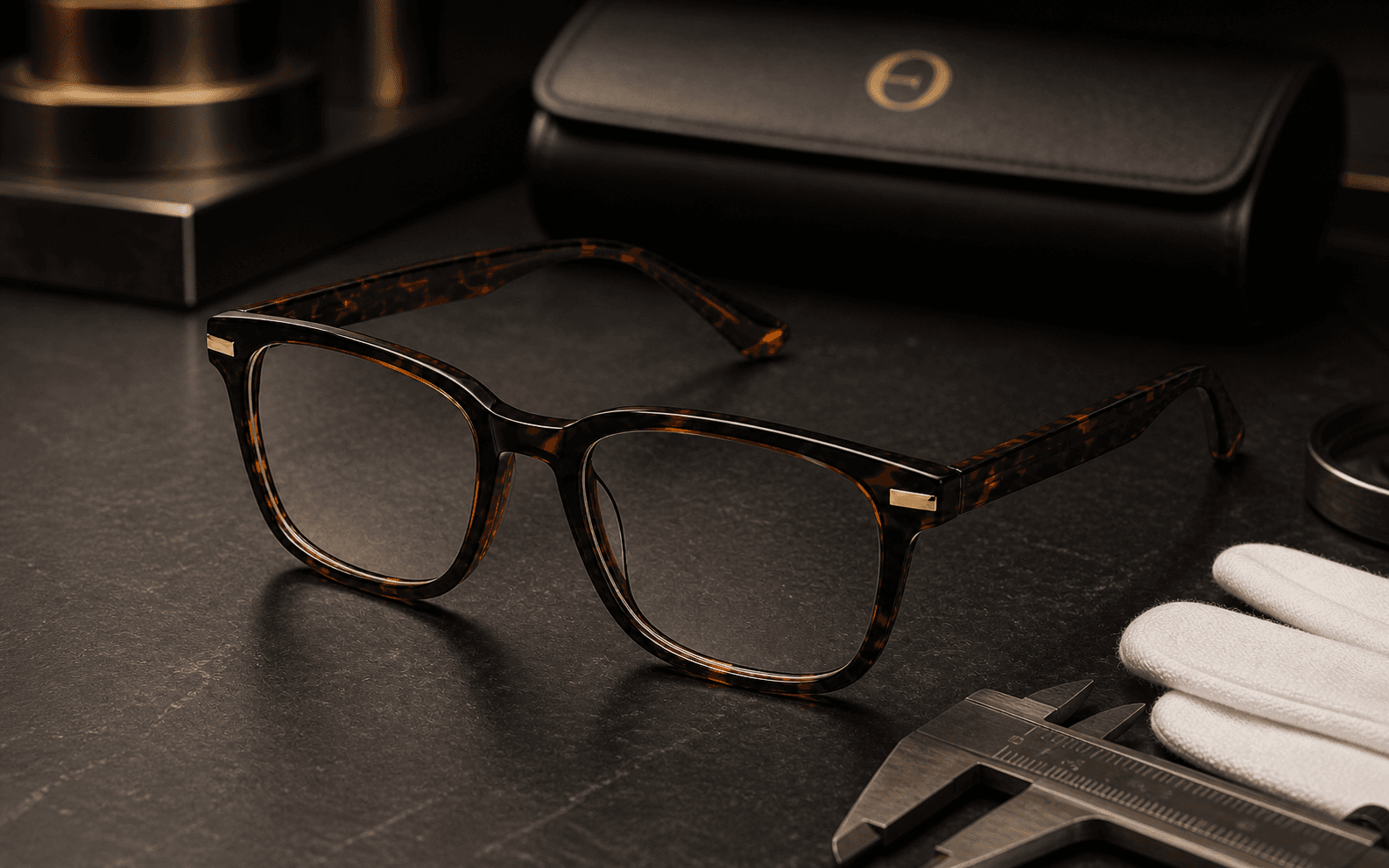 Finished Elistro tortoiseshell optical frame on a quality inspection bench